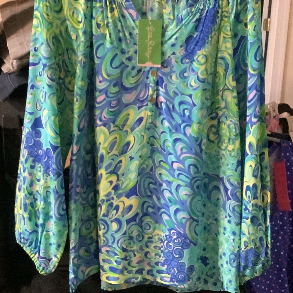 Lilly Pulitzer Swirl Print Blouse in Blue and Green, Elsa Top, Lilly’s Lagoon, S - Picture 5 of 7